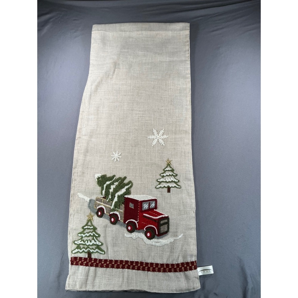 Domain Christmas Table Runner Red Truck Pine Tree Embroidered Linen Blend 13x70
